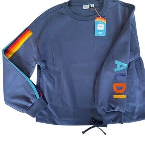 ALDI Gear Sweatshirt Womens Size S Navy Blue Crew Neck Rainbow Stripe Logo
